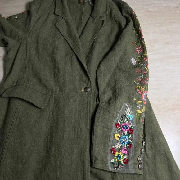Aratta Silent Journey Olive Green Embroidered Ramie Duster Coat XL ED22J642 - Picture 12 of 13